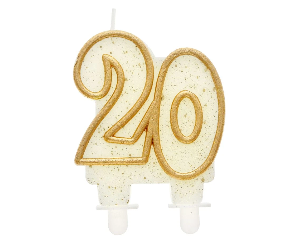 B&C number candle - 20, gold outline, 8 cm